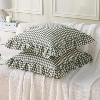 Aryeleay 2 Pack Sage Green White and Brown Plaid Ruffle Throw Pillow Covers - Image 2