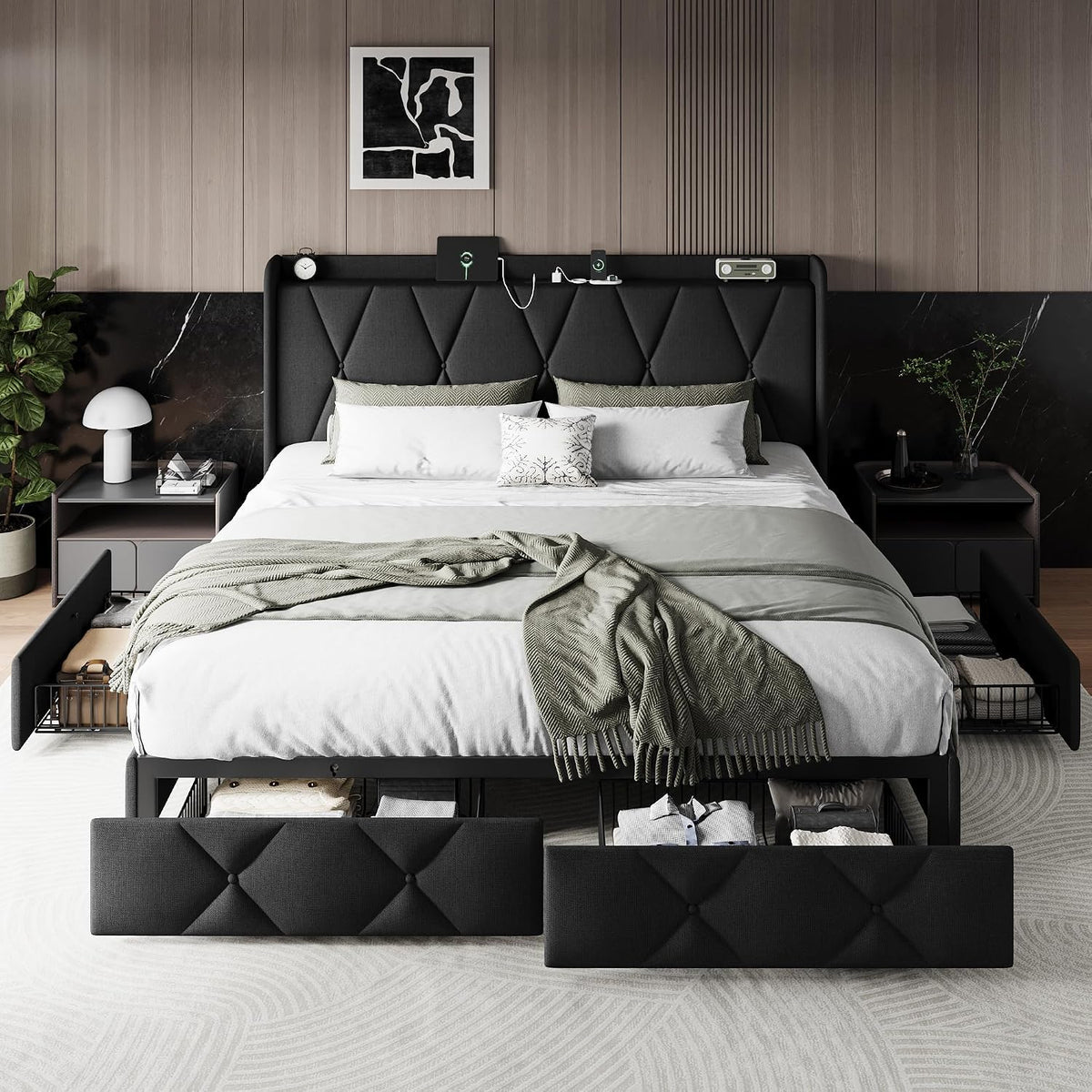 einhomn king size bed frame with 4 storage on a desk or shelf