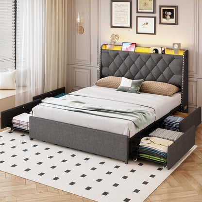 tigubfre queen size bed frame with 4 drawers, front angle view