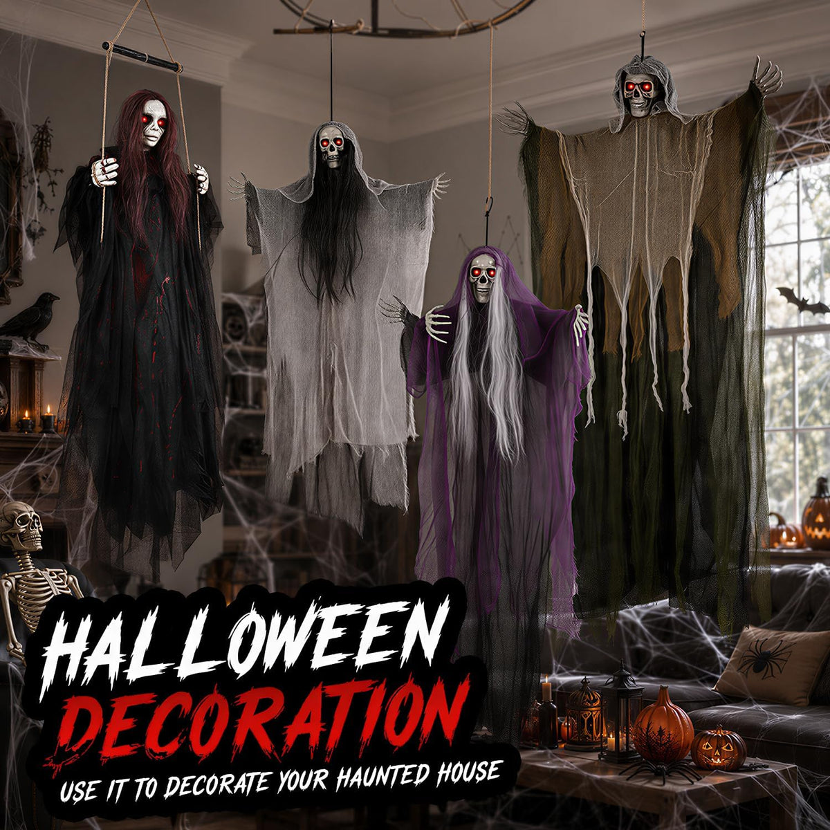 59" Scary Hanging Ghost Girl Halloween Decoration – Sound & Touch Activated Swinging Doll with Red Eyes & Creepy Sounds, Outdoor/Indoor Decor for Haunted House, Graveyard, Yard & Party