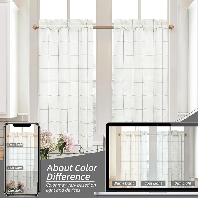 DriftAway Kitchen Curtains Striped Tier Linen Short Curtains Windowpane Plaid - Image 8
