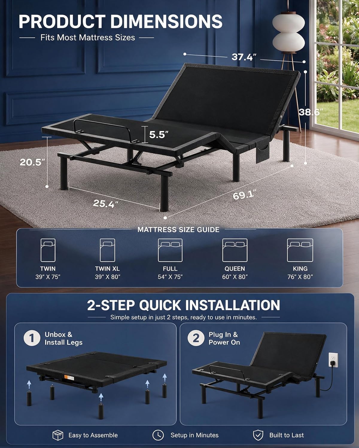 marsail twin xl adjustable bed frame,electric base head shown in use
