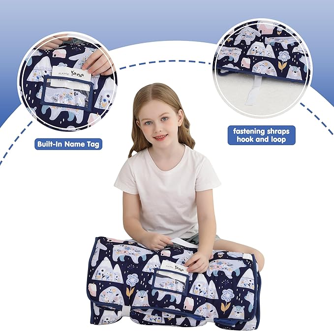 Viviland Toddler Kid Nap Mat for Preschool, Girls Deep Blue Bear Slumber Bag - Image 4