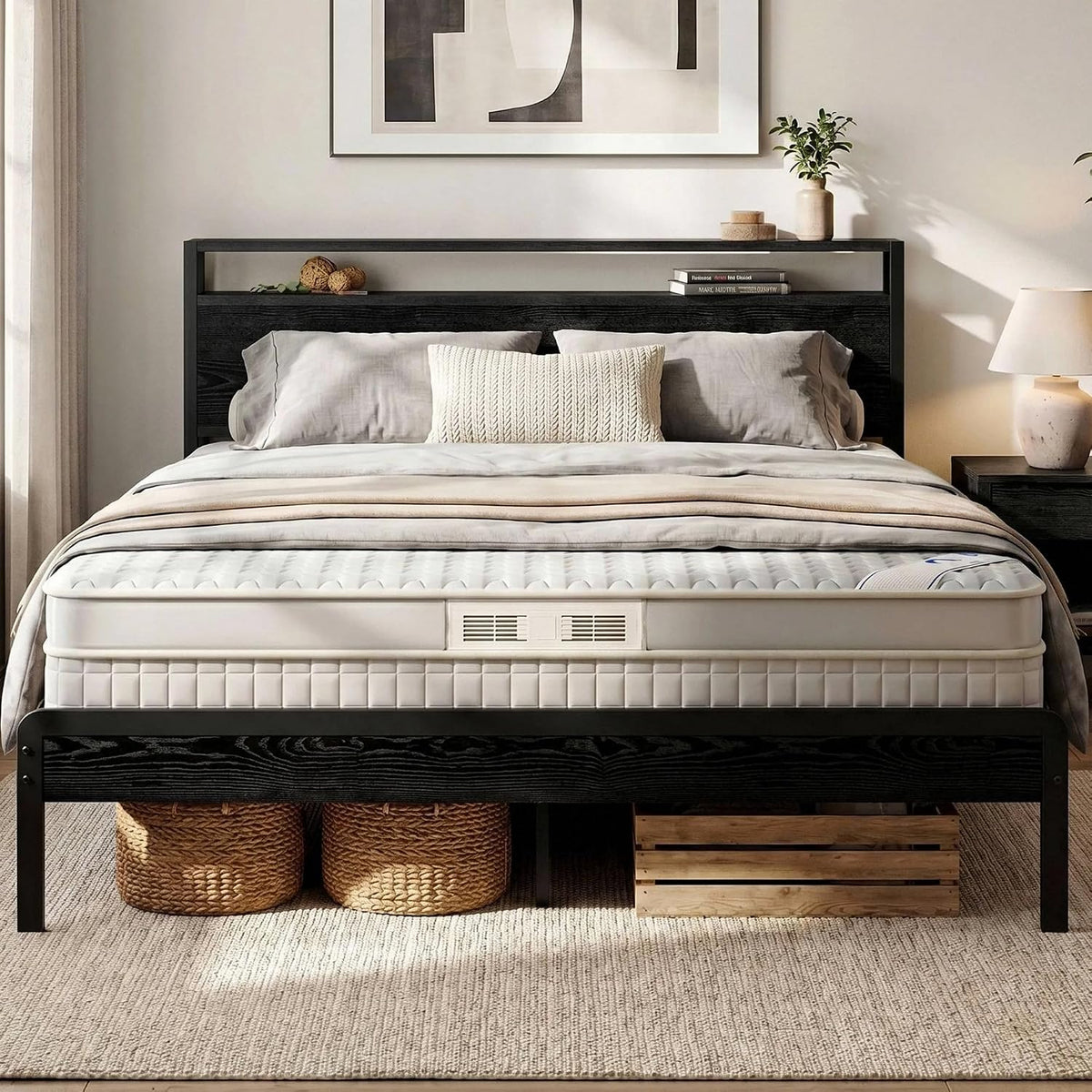 likimio queen bed frame with 2-tier storage shelf, main product view