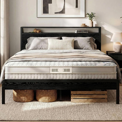 likimio queen bed frame with 2-tier storage shelf, main product view