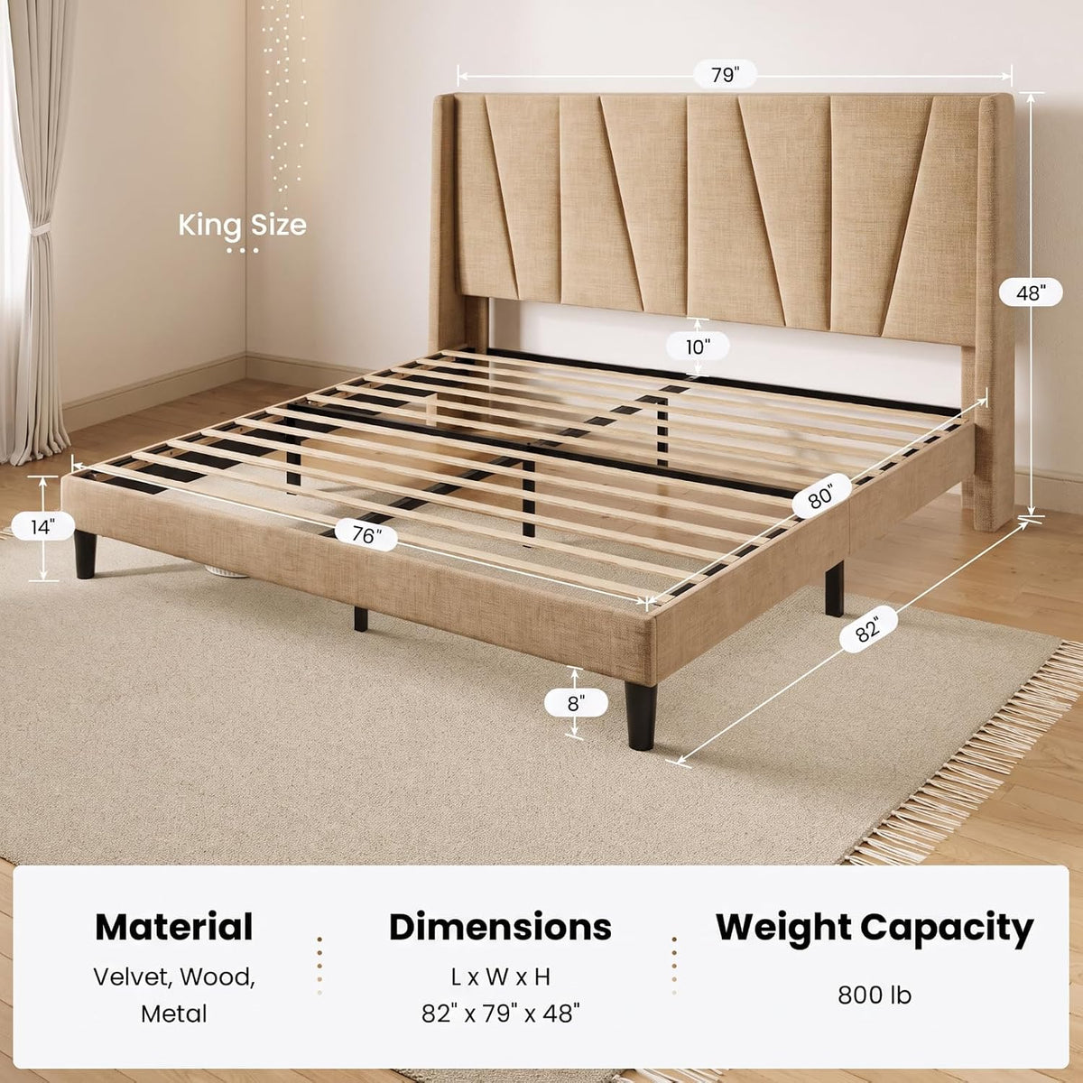 sha cerlin king upholstered bed frame with headboard shown in use