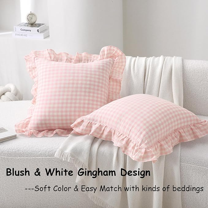2 Pack Blush White Plaid Ruffle Gingham Throw Pillow Covers, 100% Washed Cotton - Image 2