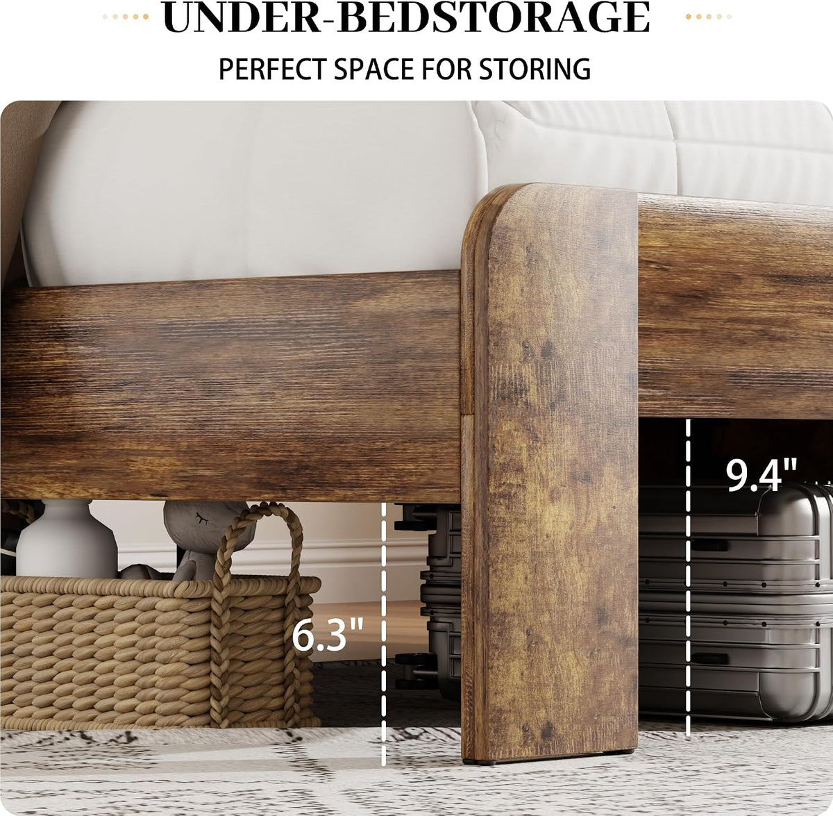 king size wooden bed frame with headboard, rustic showing dimensions