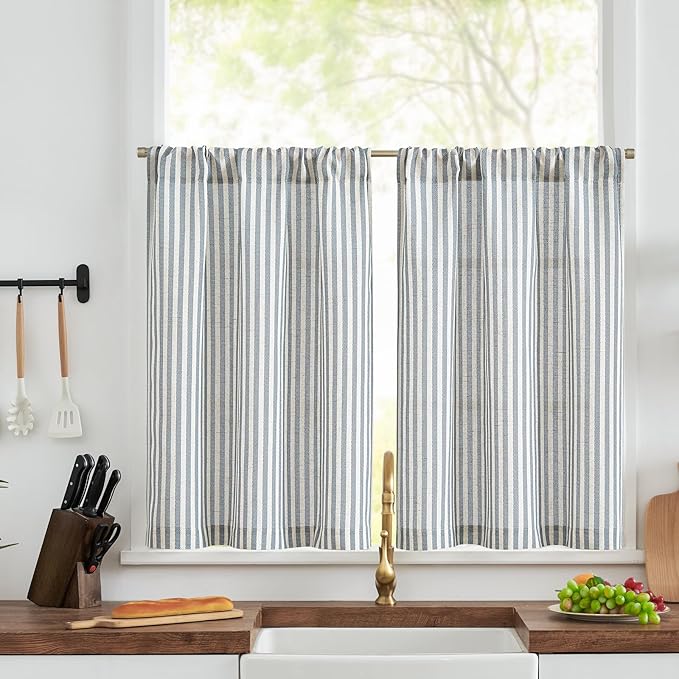 jinchan Striped Linen Kitchen Curtains 30 Inches Length Tier Curtains Farmhouse by JINCHAN