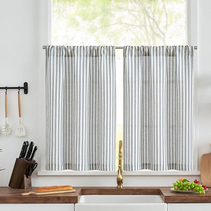 jinchan Striped Linen Kitchen Curtains 30 Inches Length Tier Curtains Farmhouse by JINCHAN