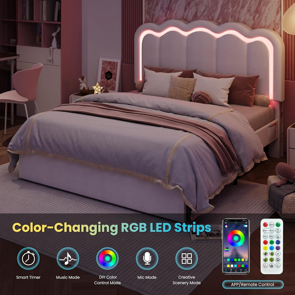SHA CERLIN Queen Size Bed Frame with LED Lights and Storage Drawer, White