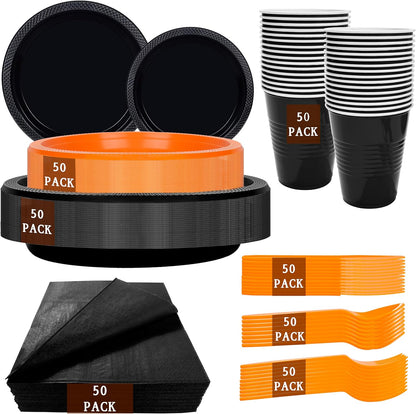 LUODA MirthMood 350PCS black and orange Plastic Plates,Black Disposable Plates –Plastic Plates Set Includes 50 Dinner,50 Dessert Plate,50 Cup&50 Napkins, 50 orange Silverware for Parties&Halloween