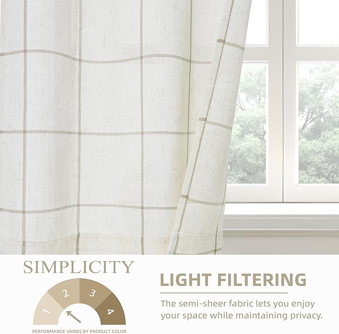 DriftAway Kitchen Curtains Striped Tier Linen Short Curtains Windowpane Plaid - Image 3