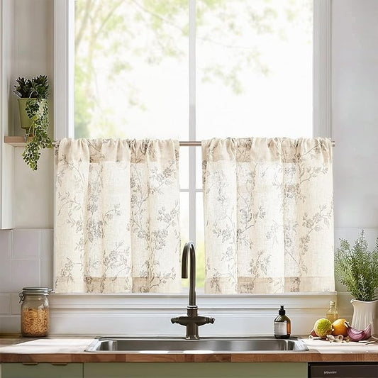jinchan Floral Kitchen Curtains 24 Inch Linen Tier Curtains Farmhouse Cafe Half by JINCHAN
