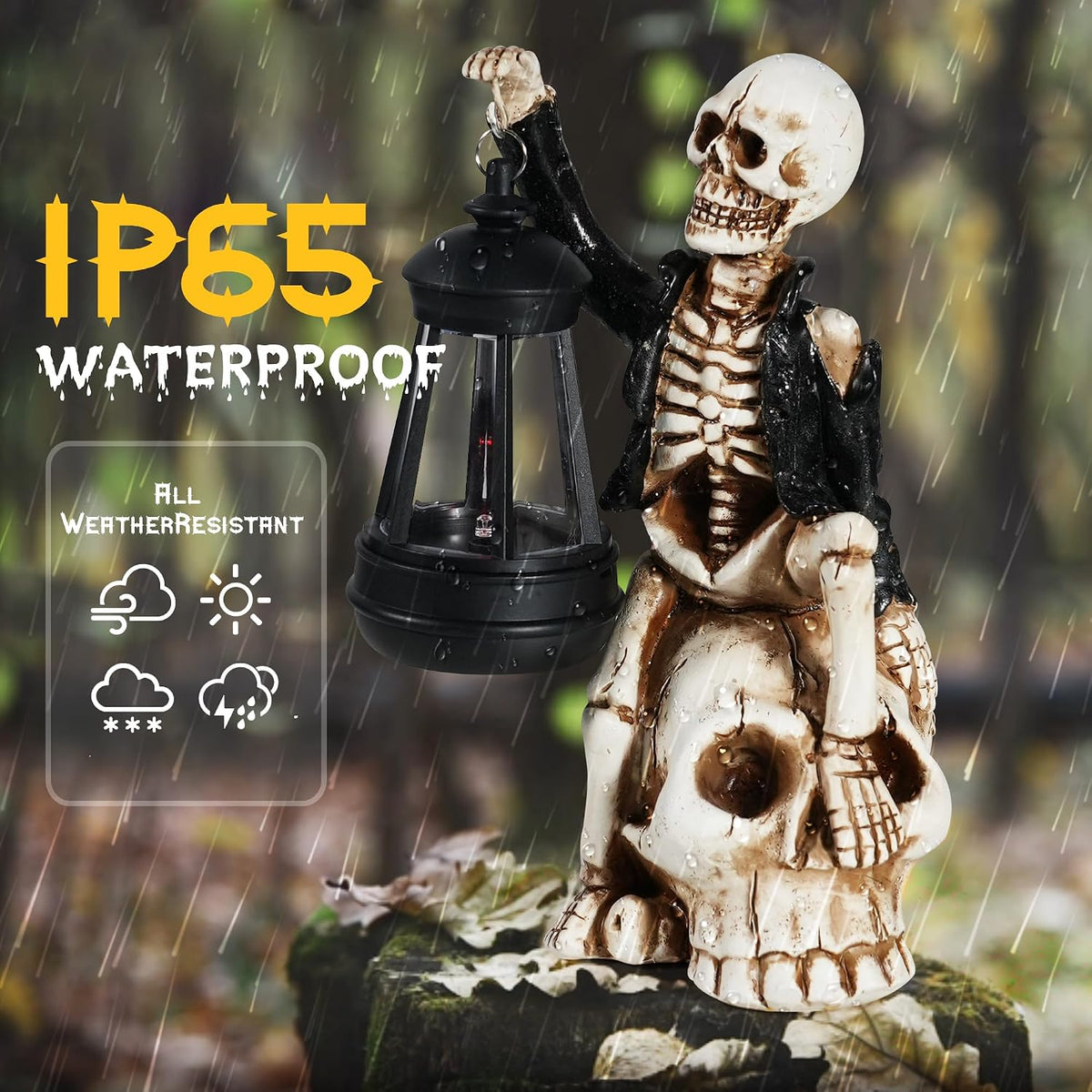 Solar Halloween Decorations Outdoor, Skeleton Figurine on Skull Statue