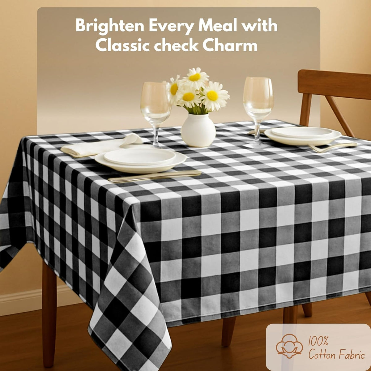 Native Fab Buffalo Check Tablecloth, 100% Cotton, 60x102 Inches, Classic Farmhouse Dining Table Cover, Perfect for Weddings, Halloween, Holiday Gatherings, Indoor Outdoor Décor, Black and White