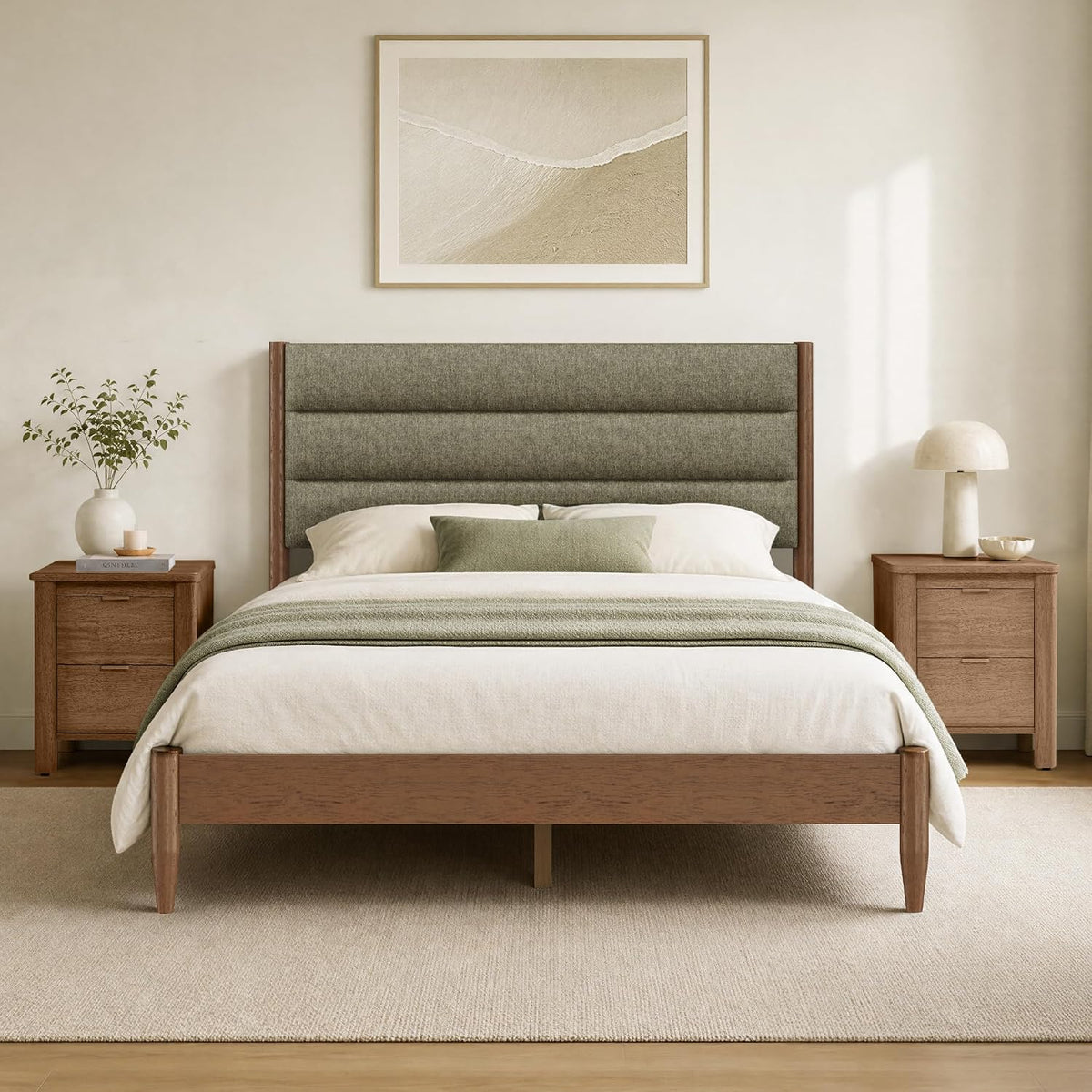 kislot wood bed frame with upholstered headboard, sage, package contents