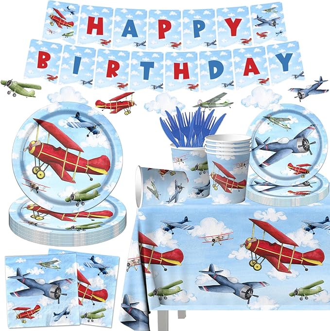 142pcs Airplane Birthday Party Decorations Airplane Party Tableware Supplies by GREHUMOR