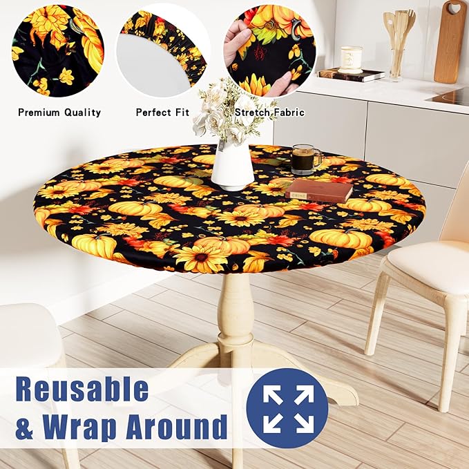 Round Spandex Thanksgiving Tablecloth, Elastic Fitted Waterproof Tablecloths - Image 5