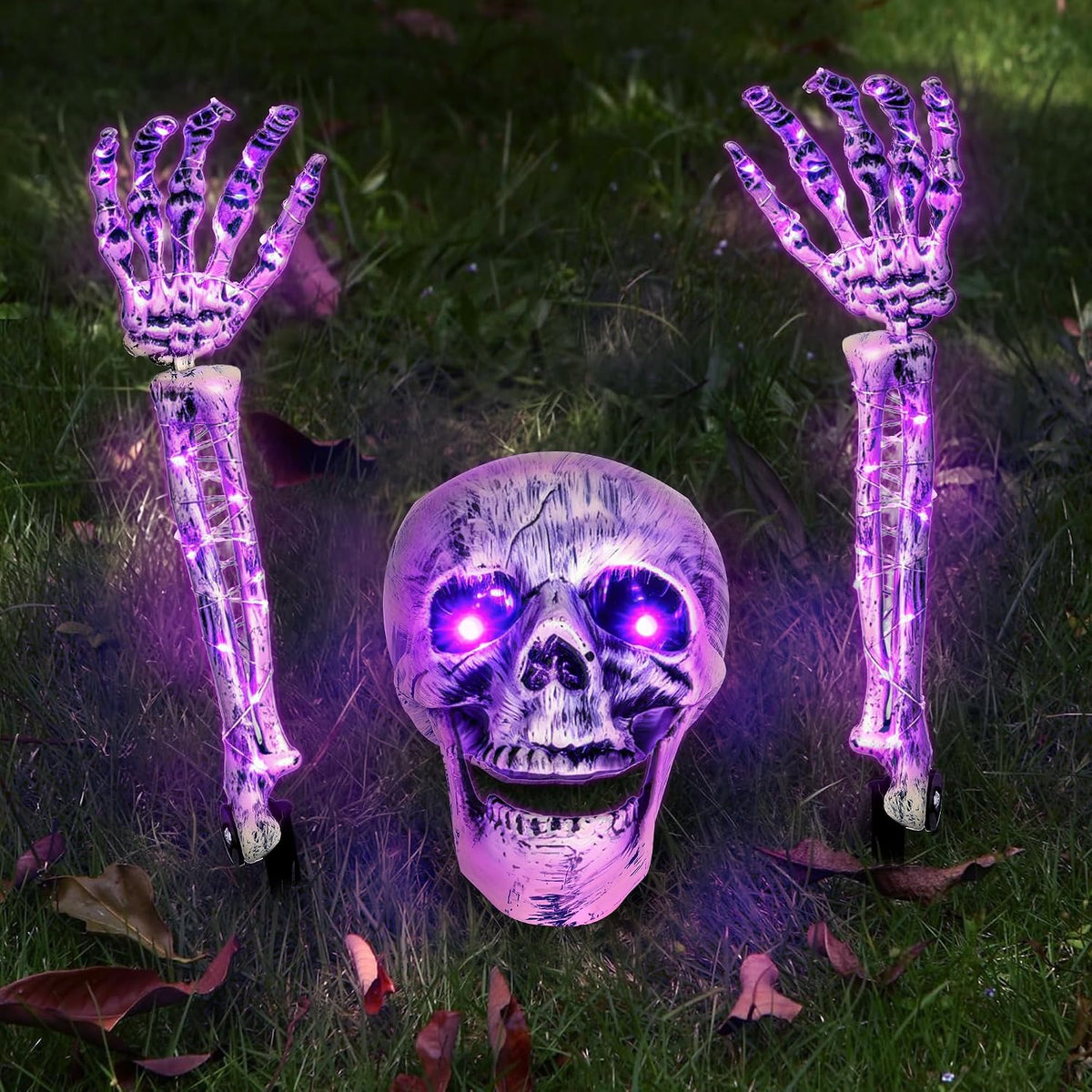 Halloween Skeleton Decorations Outdoor, Light Up Skull Head & Skeleton Hands Stake Lights, Battery Operated Purple LED Halloween Skull Decorations for Yard Lawn Garden Graveyard & Haunted House Decor
