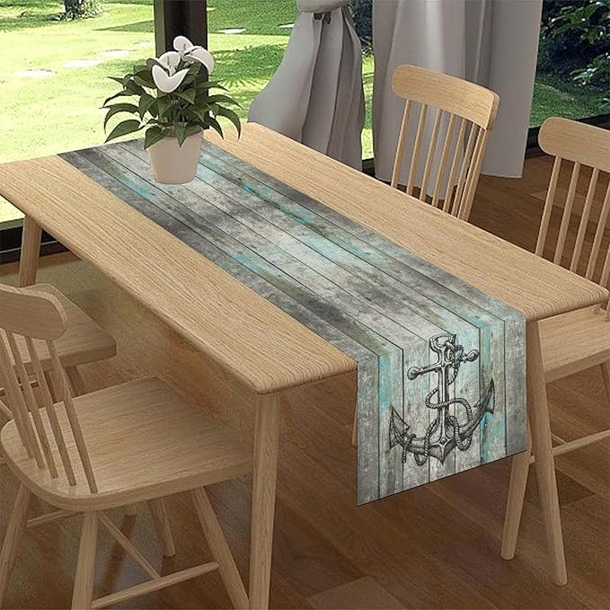 Nautical Anchor Table Runner, Retro Coastal Ship Anchor Wooden Plank Vintage - Image 2