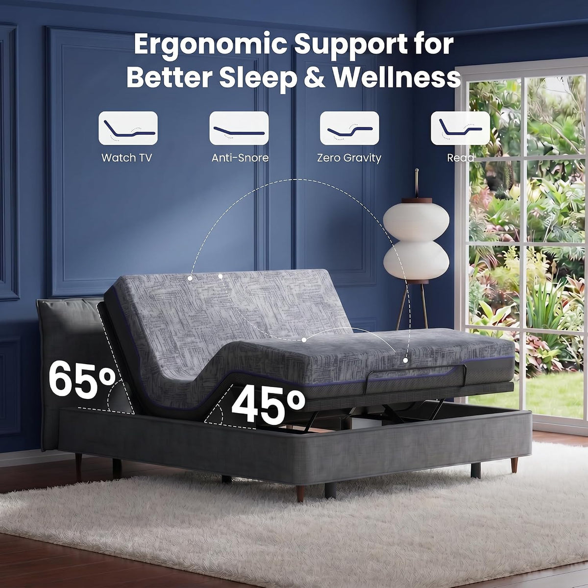 marsail split king adjustable bed frame with mattress, side view
