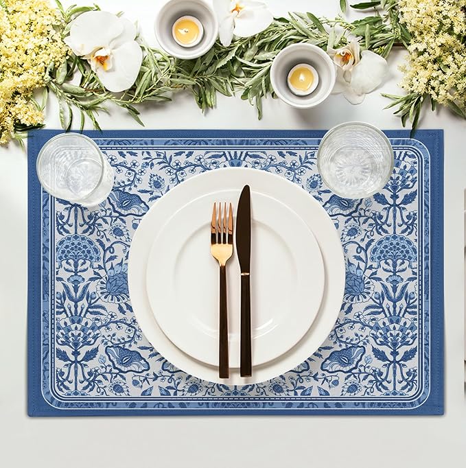 Blue Floral Boho Placemats Set of 4, 12x18 Inch Vintage Chinoiserie Block Print - Image 3