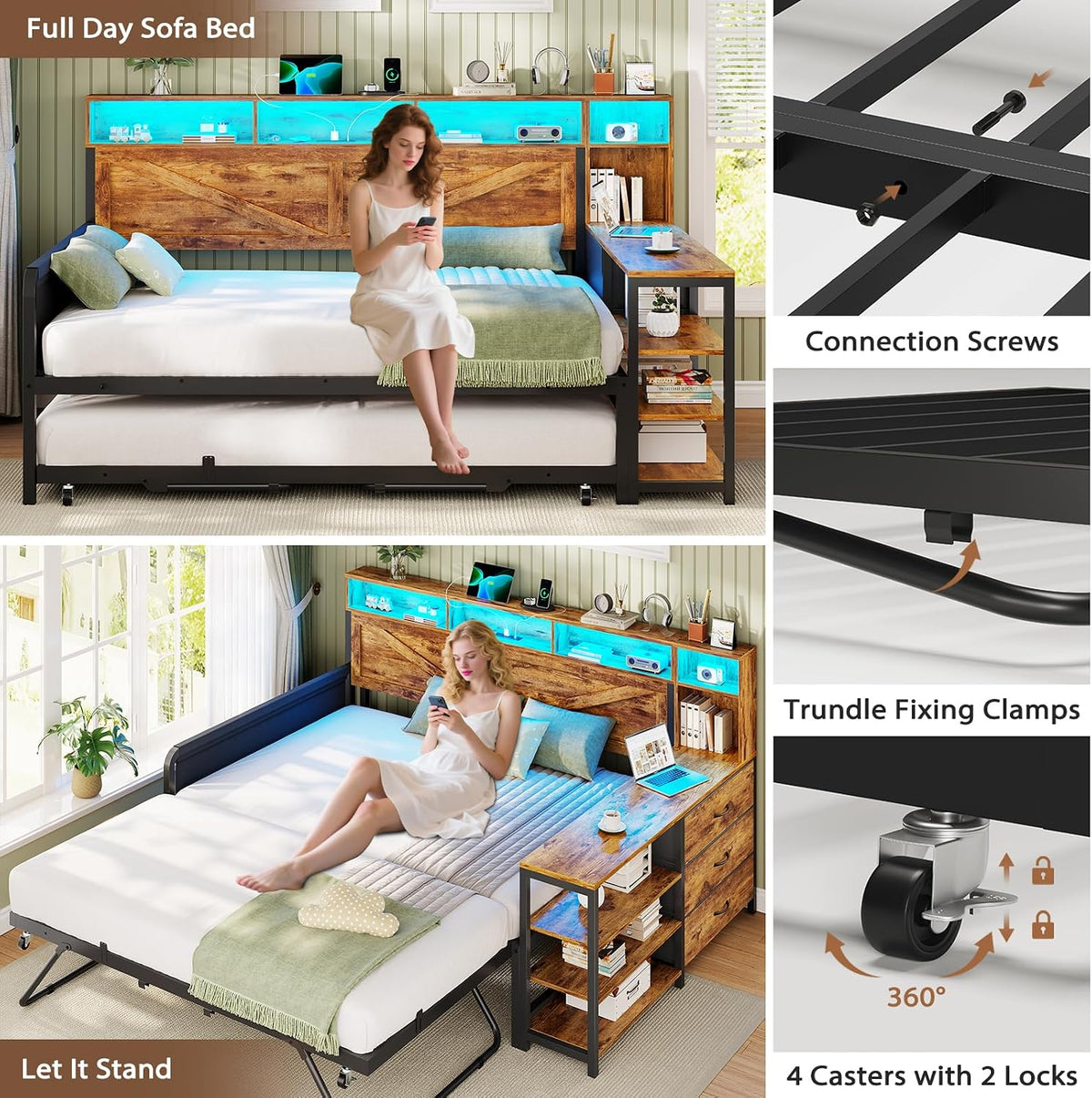 viagdo daybed with pop up trundle, farmhouse wooden, front angle view
