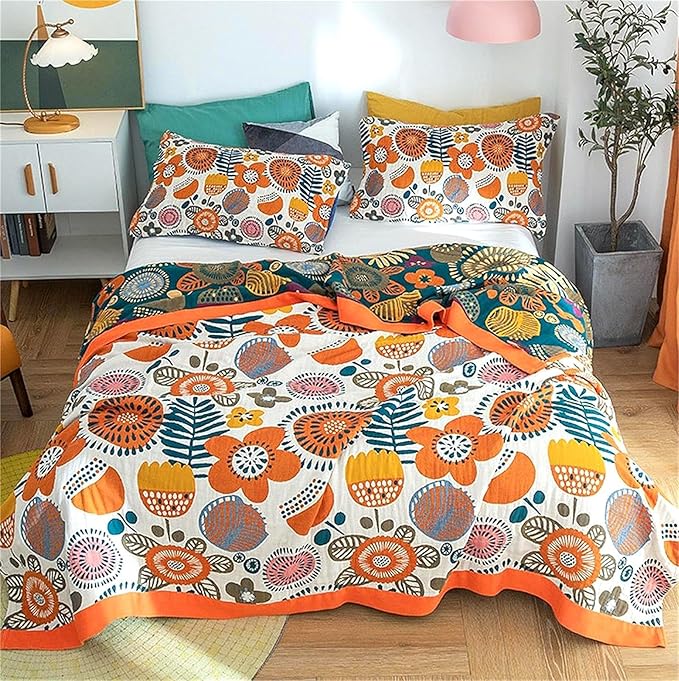 Boho Throw Blanket 60''x80'' for Bed Couch, Floral Muslin Bed Blankets Boho by MSGKVHomeTextiles