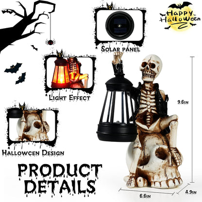 Solar Halloween Decorations Outdoor, Skeleton Figurine on Skull Statue