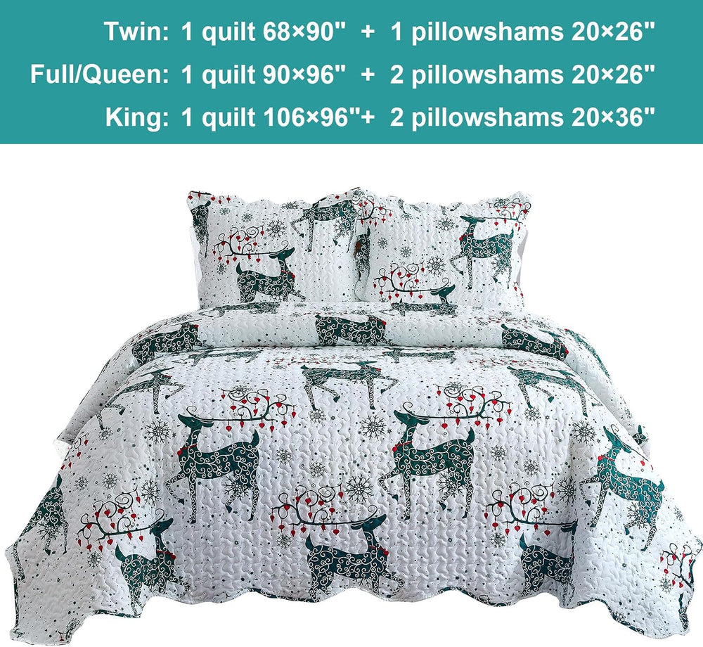 Hansleep Christmas Bedspread Queen Size, Green Reindeer Quilt Bedding Set