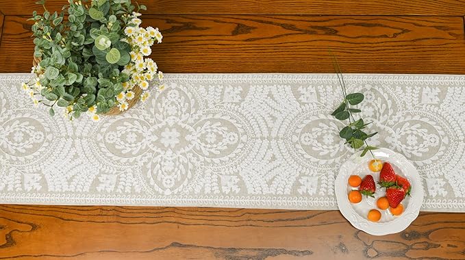 KEVA Boho Table Runner 54inches Long, Farmhouse Rustic Vintage White - Image 5
