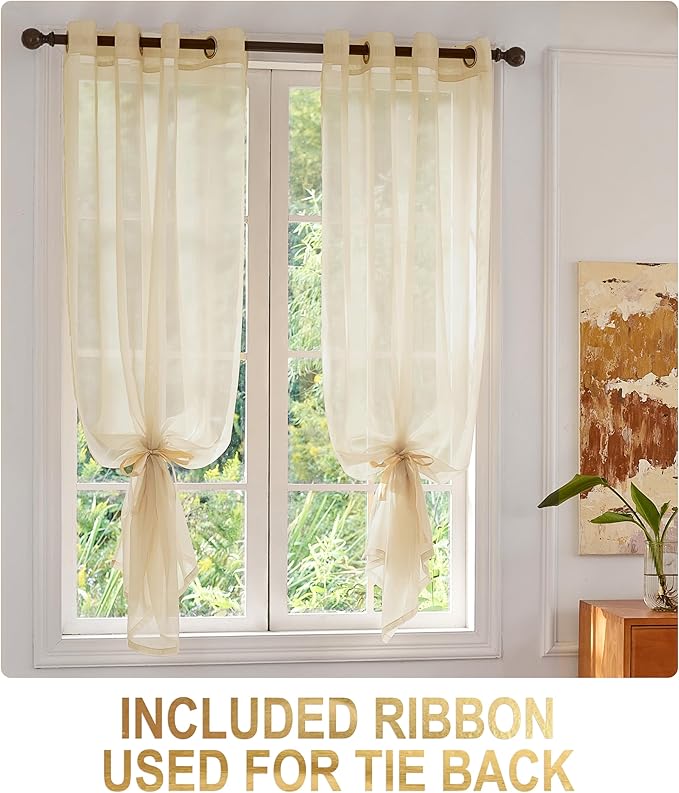 Foil Stripe Beige Sheer Curtains 72 inches Length 2 Panels - Image 2