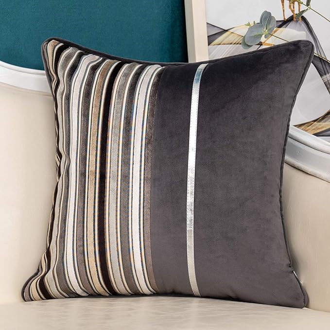 Yangest Grey Striped Patchwork Throw Pillow Cover Gold Leather Cushion Cover by Yangest