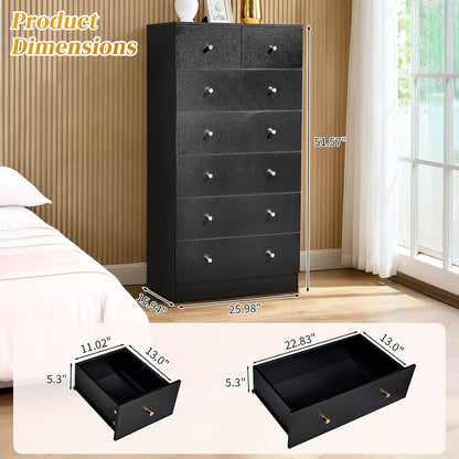 karl home black 7 drawer dresser, wood chest, close-up detail