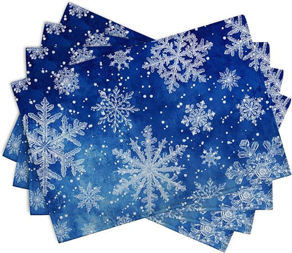 Winter Blue Snowflake Placemats Set of 4 Merry Christmas Snowflakes Linen - Image 2