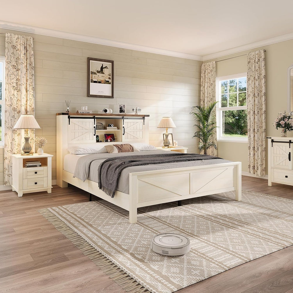 LUXOAK Queen Size Farmhouse Platform Bed Featuring Storage Headboard