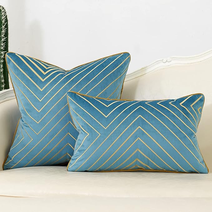 Avigers 20 x 20 Inch Grey Blue Gold Striped Geometric Lines Embroidery Velvet - Image 6