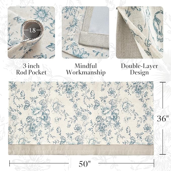 jinchan Linen Kitchen Curtain 36 Inch French Floral Double Layer Curtain - Image 8
