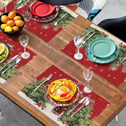 Snowman Christmas Red Placemats Set of 4 Xmas Tree Cardinal Snowflakes Linen - Image 7