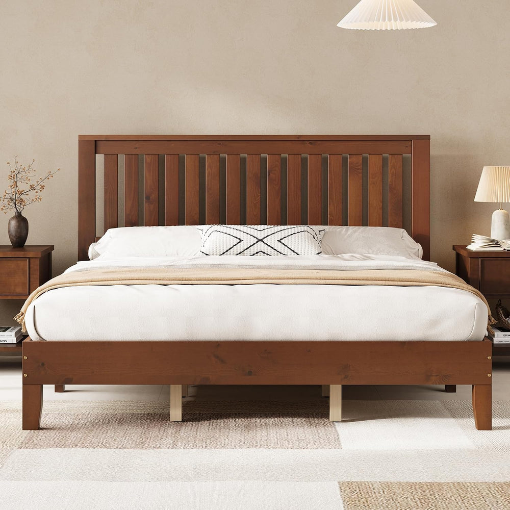 AMERLIFE Solid Wood King Size Bed Frame with 46" Headboard, Walnut