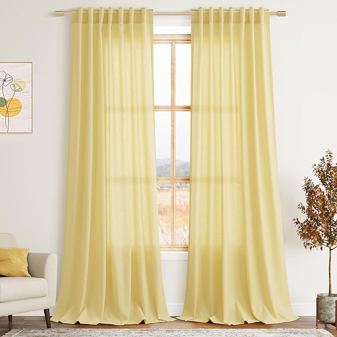 Yellow Semi Sheer Curtains 108 Inches Long 2 Panels Set Back Tab Loop Pocket by Nanspring