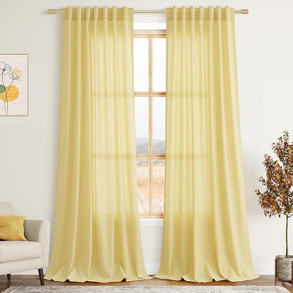 Yellow Semi Sheer Curtains 108 Inches Long 2 Panels Set Back Tab Loop Pocket by Nanspring