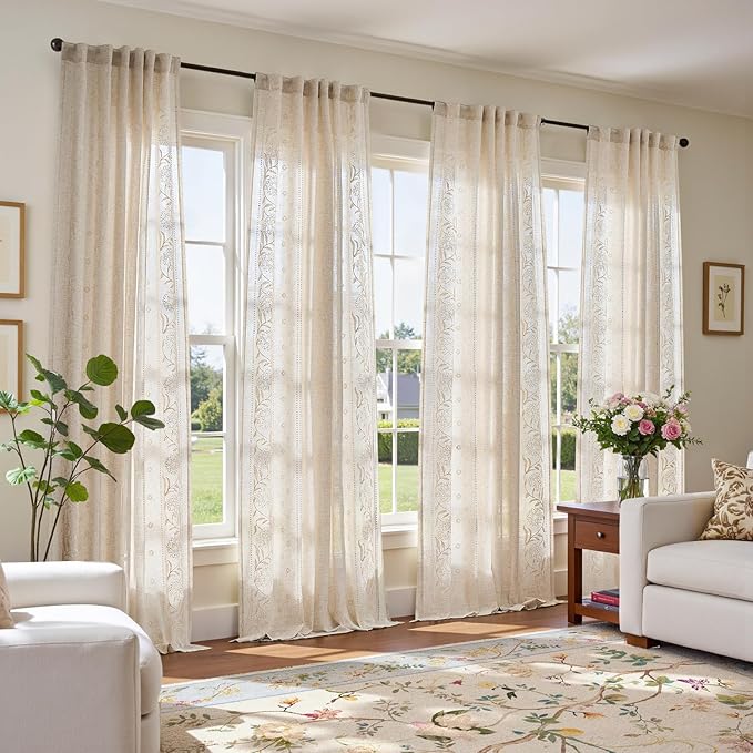 jinchan Winslow Linen Curtains for Living Room Floral Curtains 96 Inch Length by JINCHAN