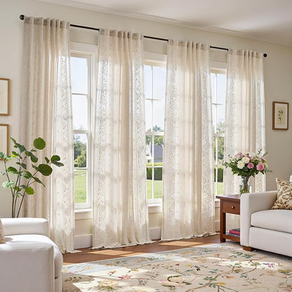 jinchan Winslow Linen Curtains for Living Room Floral Curtains 96 Inch Length by JINCHAN