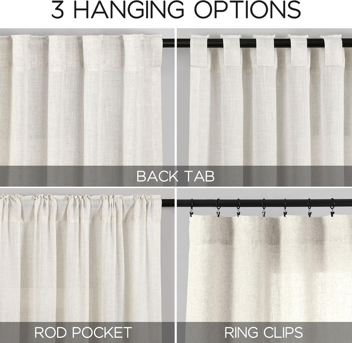 cream semi sheer curtains 96 inches long back, close-up detail