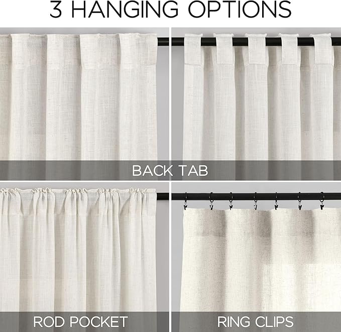 Nanspring Cream Linen Back Tab Curtains 86 Inch Length - Image 3