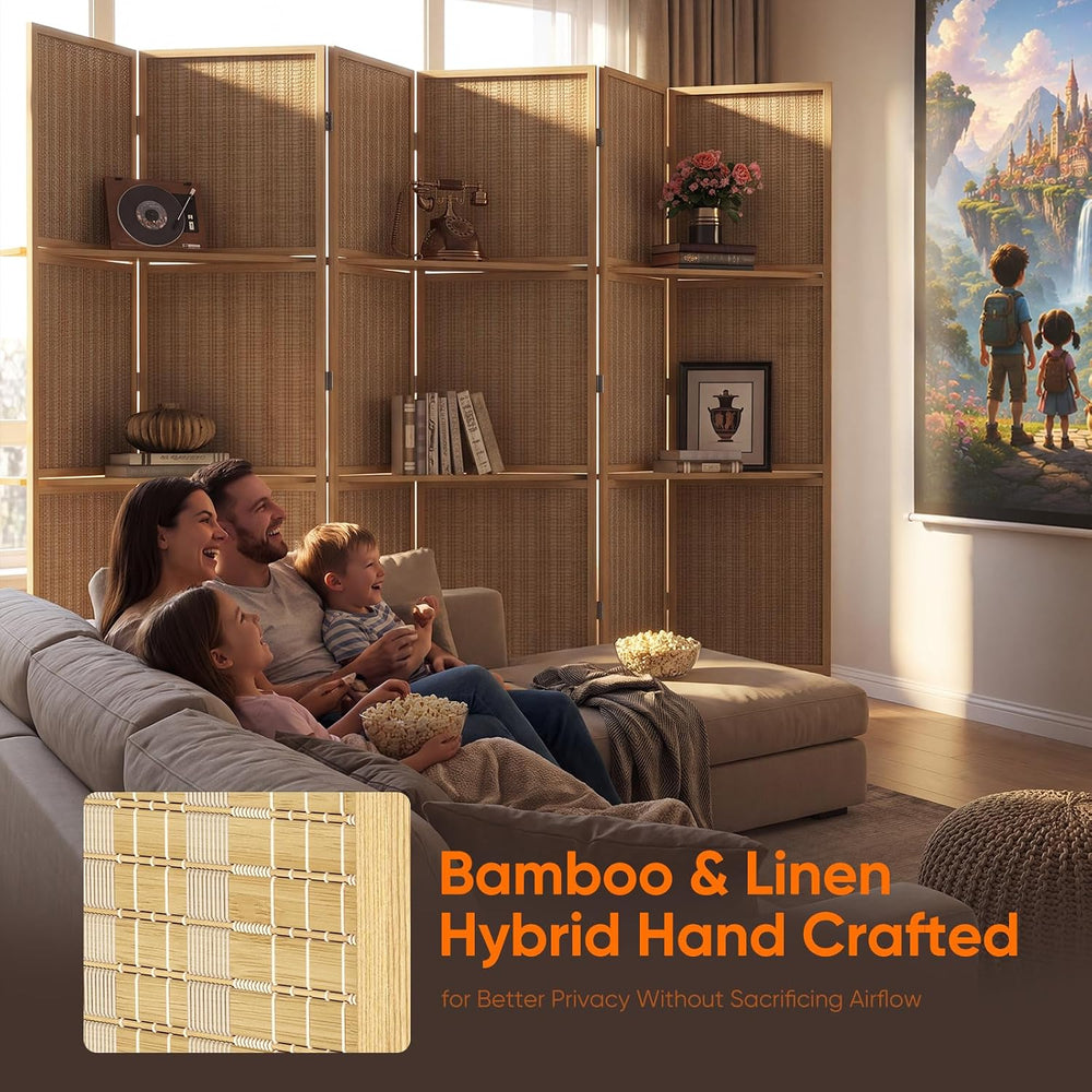 JOSTYLE Bamboo Room Divider with Shelves, 6-Panel Privacy Screen