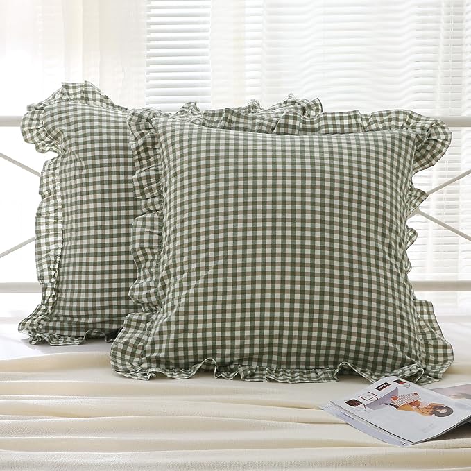 2 Pack Sage Green Plaid Ruffle Gingham Euro Shams Pillow Covers, 100% Washed - Image 7