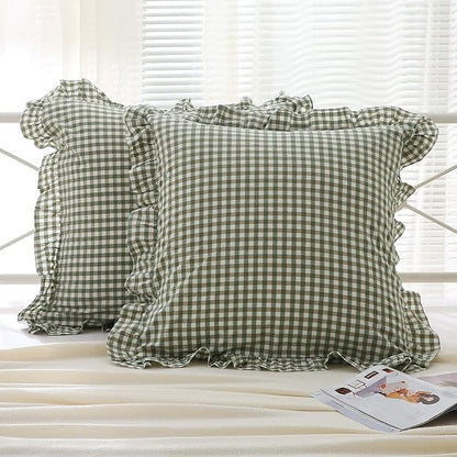 2 Pack Sage Green Plaid Ruffle Gingham Euro Shams Pillow Covers, 100% Washed - Image 7